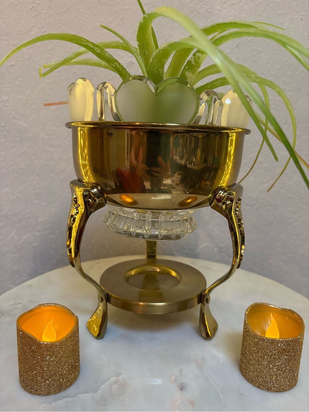 Vintage Brass and Crystal Planter